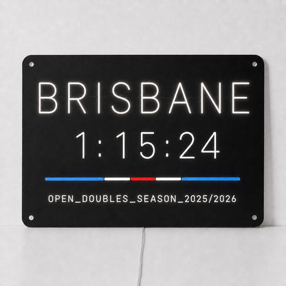Custom hybrid race finish time LED neon sign shown with Brisbane, a personalised finish time and a division and season line in white neon on black acrylic