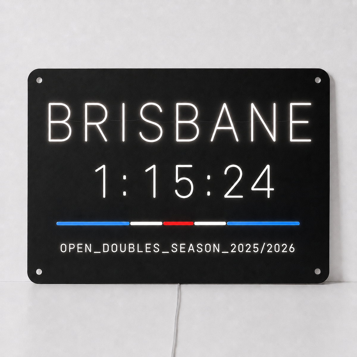Brisbane hybrid race finish time LED neon sign in white neon on a black acrylic panel, with a personalised finish time and division and season line
