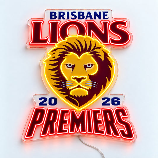 Brisbane Lions Neon Sign - Premiers 2026 with red and yellow LED neon on a white surface, front view
