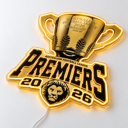 Brisbane Lions Premiers 2026 Neon Sign on a white surface from a three-quarter angle