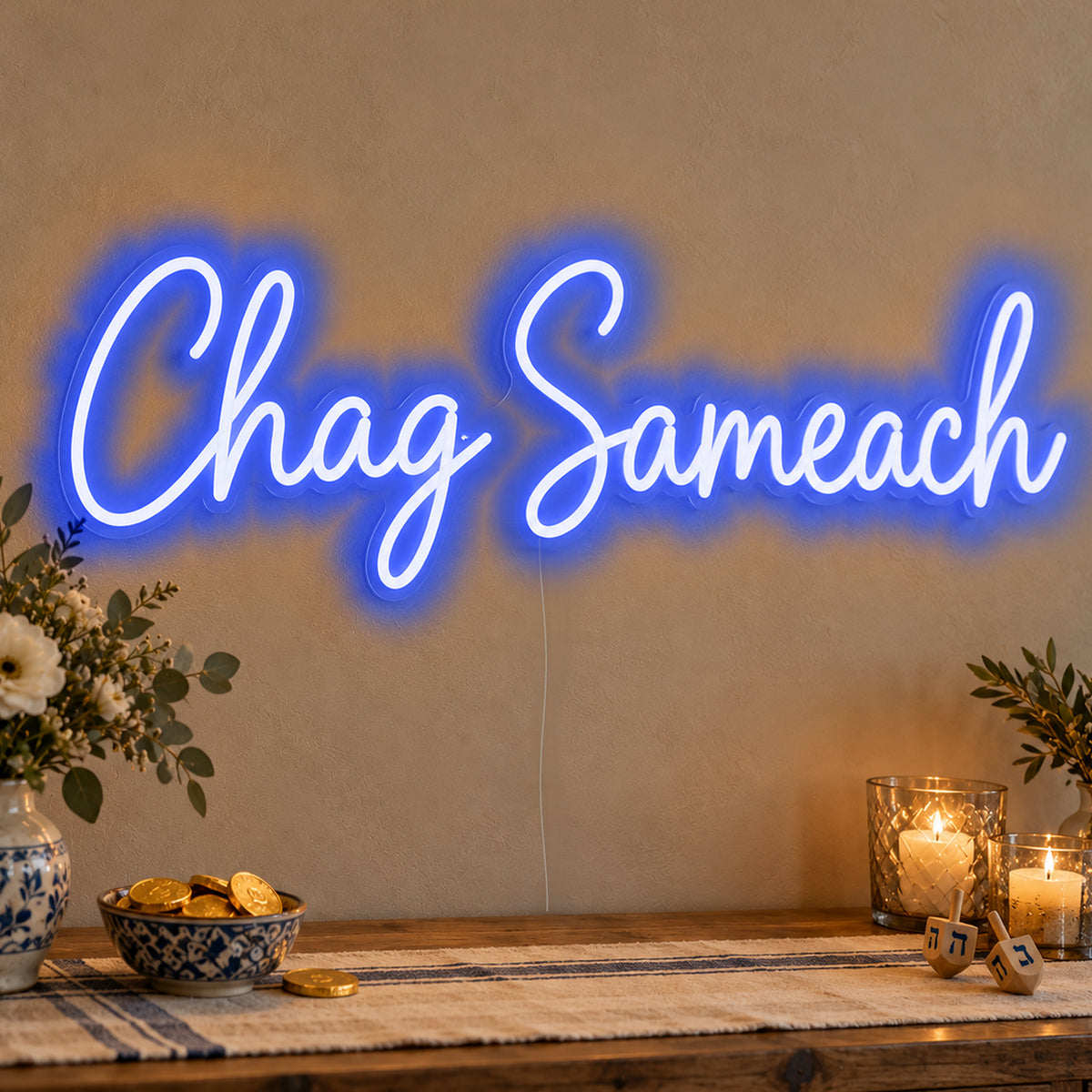 Chag Sameach Neon Sign in blue LED neon on clear acrylic, angled view