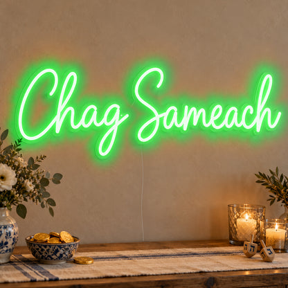 Chag Sameach Neon Sign in green LED neon on clear acrylic, angled view