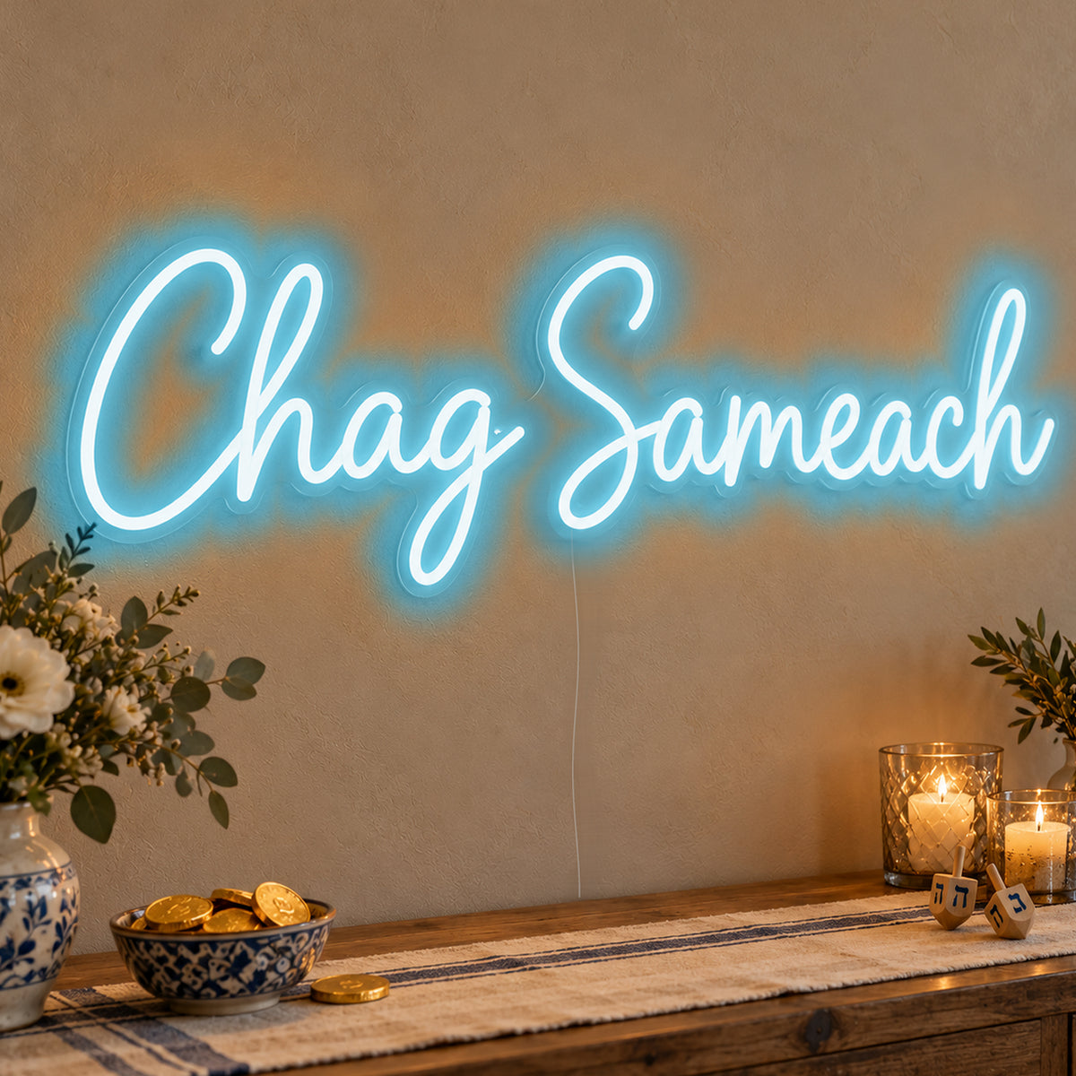 Chag Sameach Neon Sign in ice blue LED neon on clear acrylic, angled view