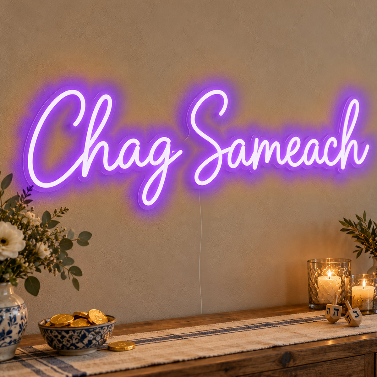 Chag Sameach Neon Sign in purple LED neon on clear acrylic, angled view