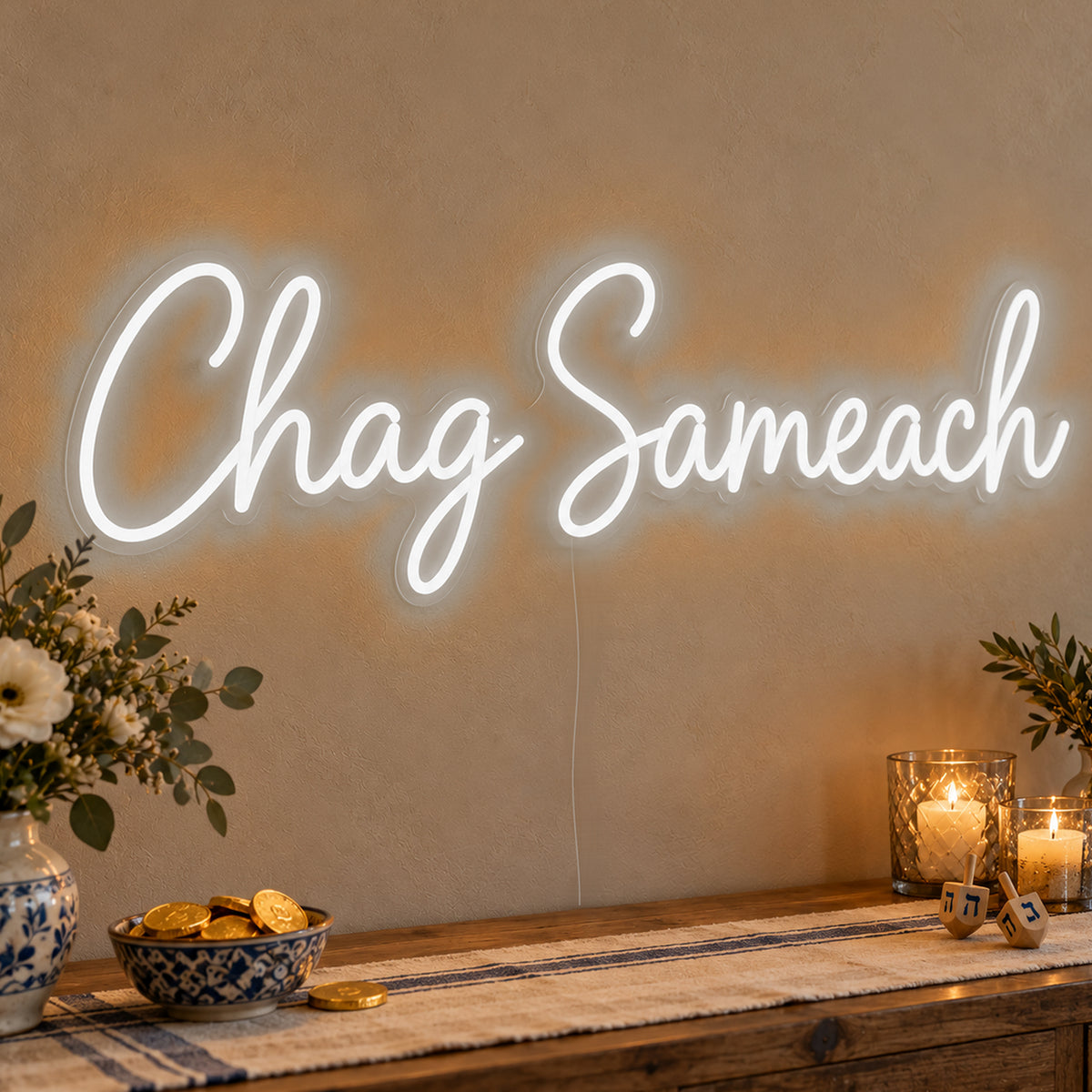 Chag Sameach Neon Sign in white LED neon on clear acrylic, angled view