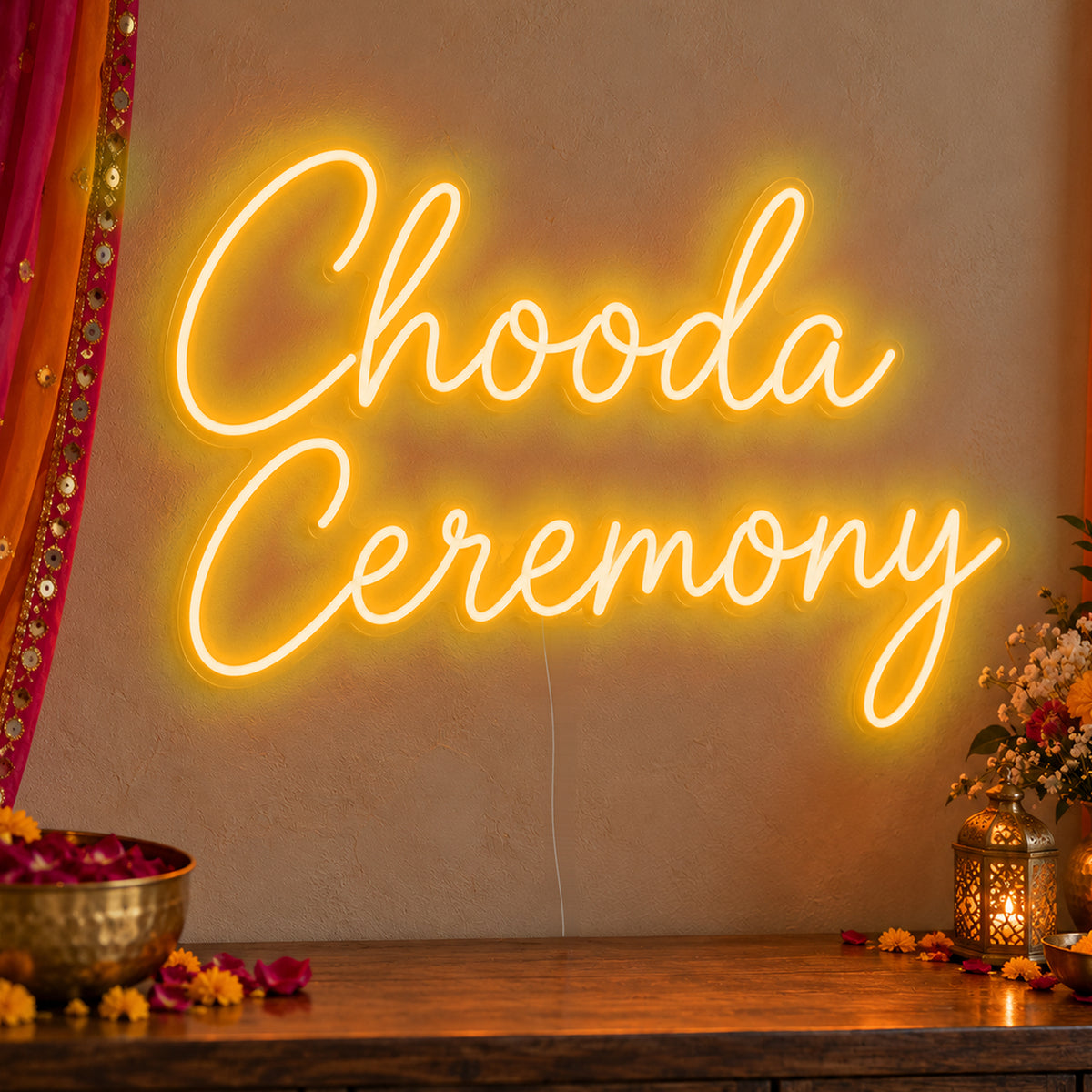 Chooda Ceremony Neon Sign in gold LED neon on clear acrylic, angled view