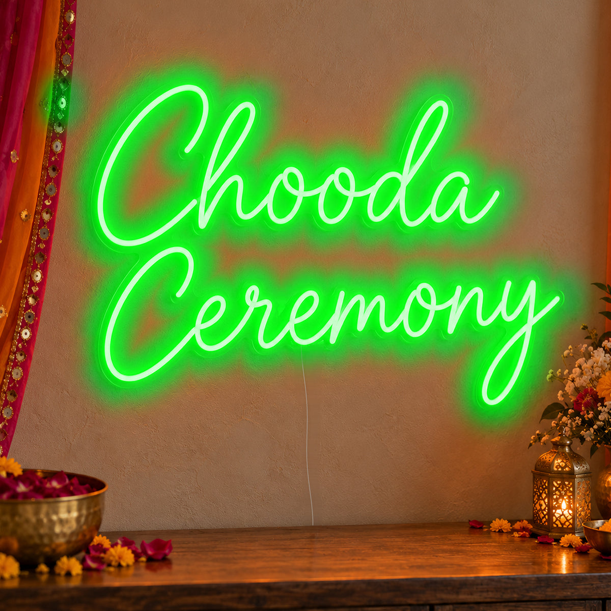 Chooda Ceremony Neon Sign in green LED neon on clear acrylic, angled view
