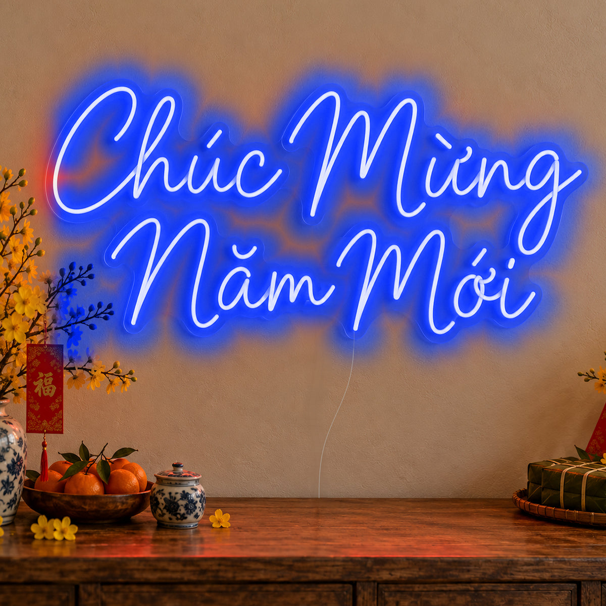 Chúc Mừng Năm Mới Neon Sign in blue LED neon on clear acrylic, angled view