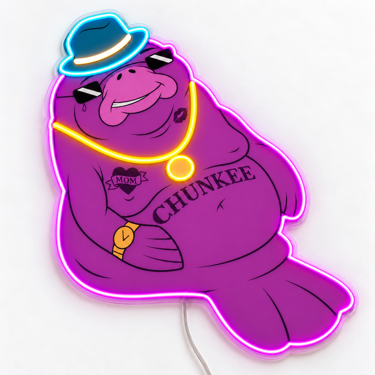 Chunkee the Manatee GTA VI neon sign with purple neon, a teal hat and continuous yellow necklace tubing over UV-printed artwork on clear acrylic.