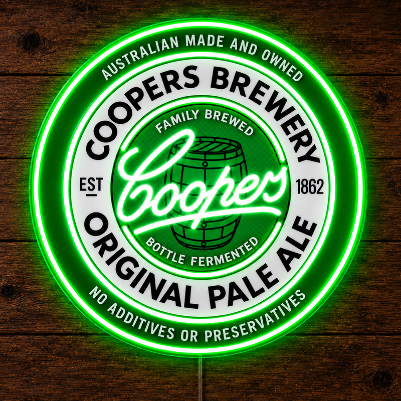 Coopers Brewery LED Neon Sign, featuring illuminated beer-brand logo on a wooden surface.