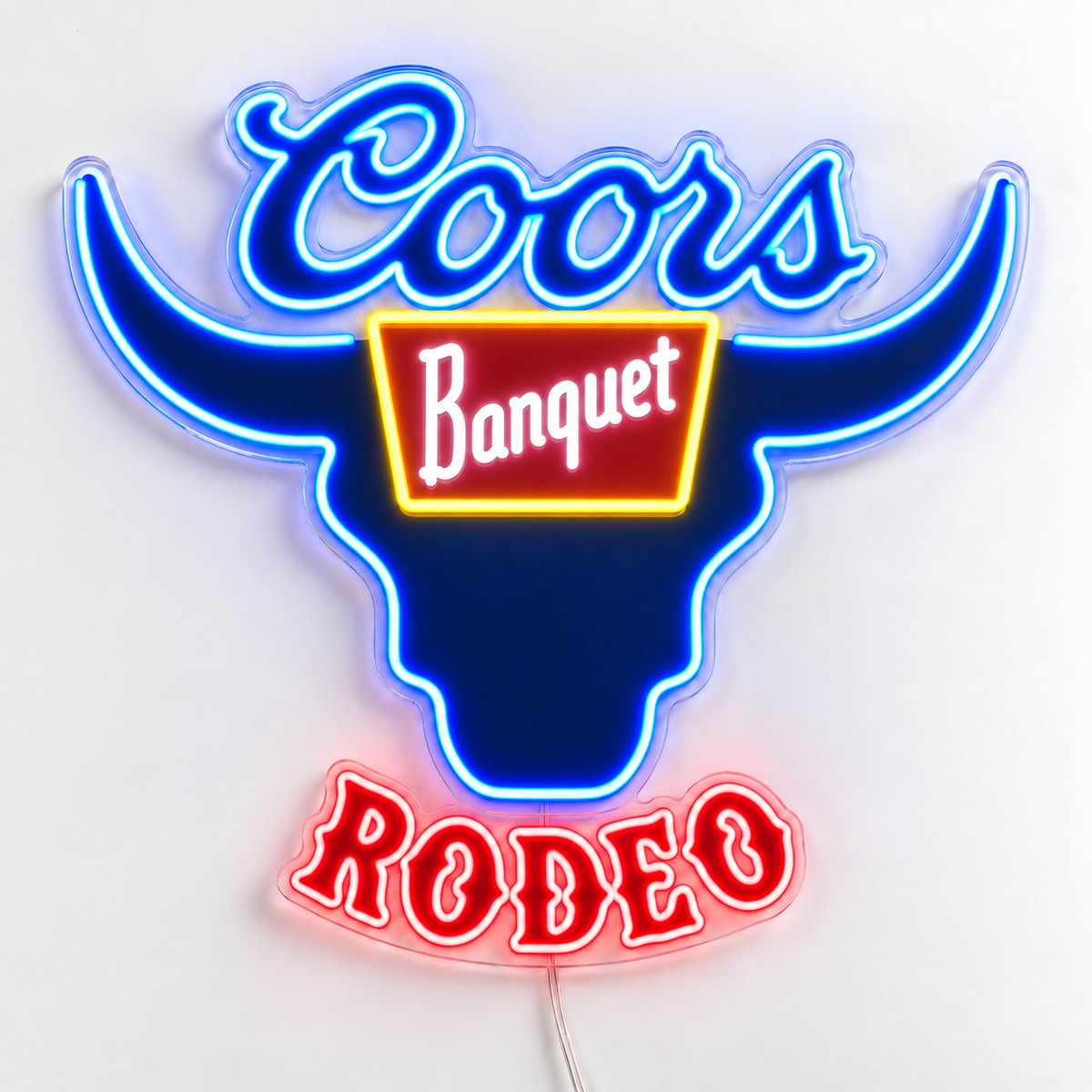 Coors Banquet Rodeo Neon Sign with blue bull logo and red lettering on 6mm clear acrylic