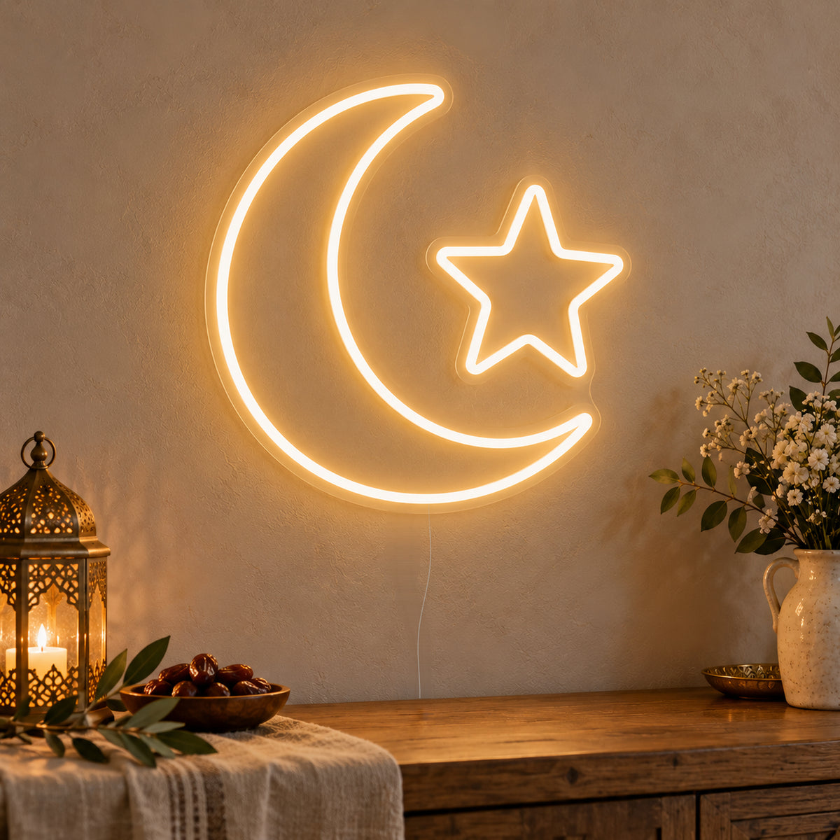 Crescent Star Neon Sign on clear cut-to-shape acrylic, illuminated on a wall in a styled celebration setting