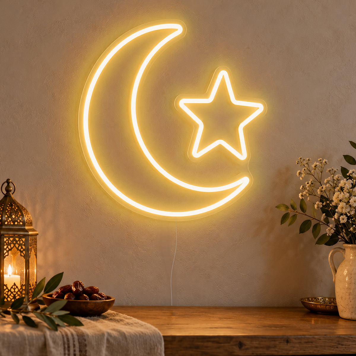 Crescent Star Neon Sign in gold LED neon on clear acrylic, angled view