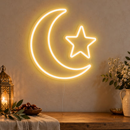 Crescent Star Neon Sign in gold LED neon on clear acrylic, angled view