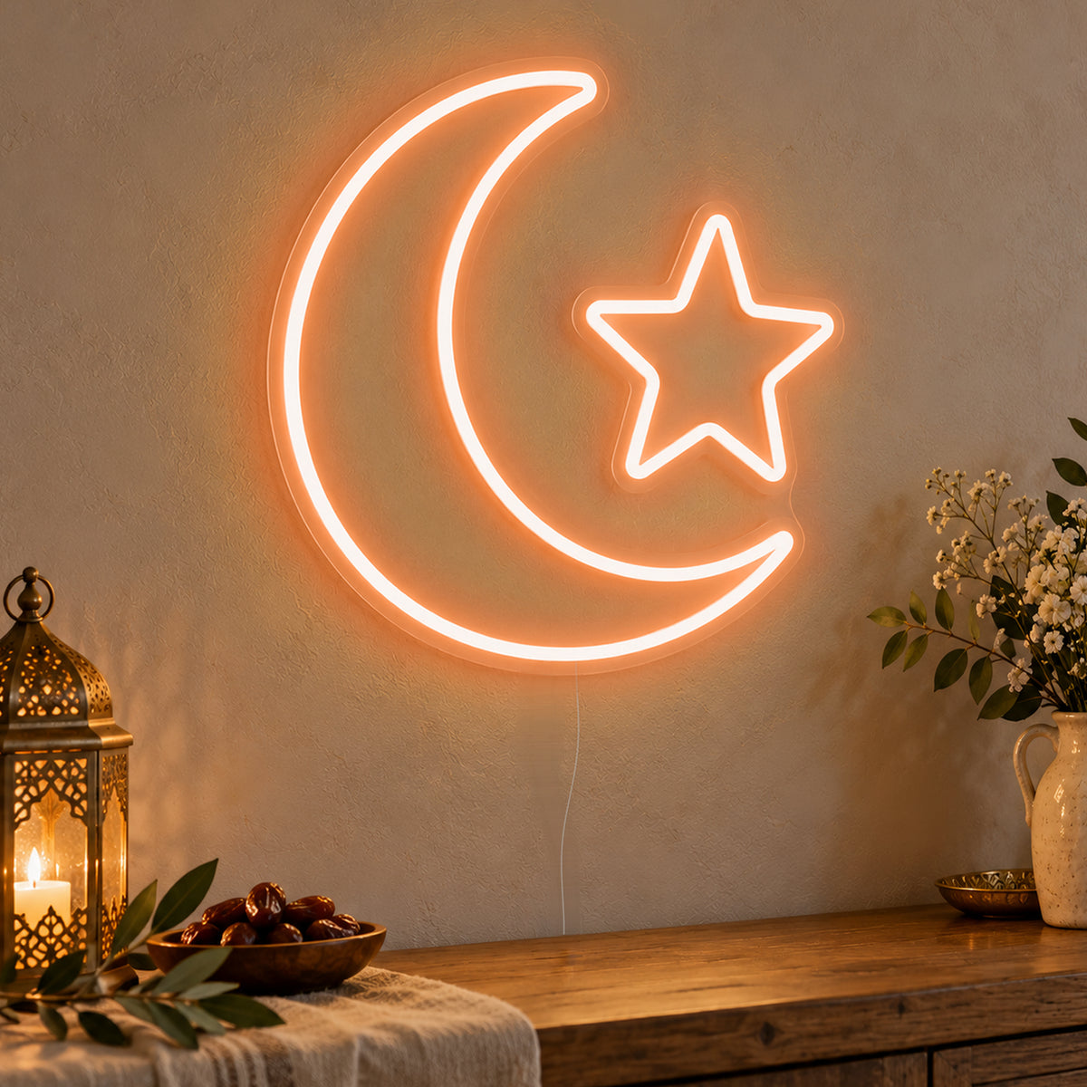 Crescent Star Neon Sign in orange LED neon on clear acrylic, angled view