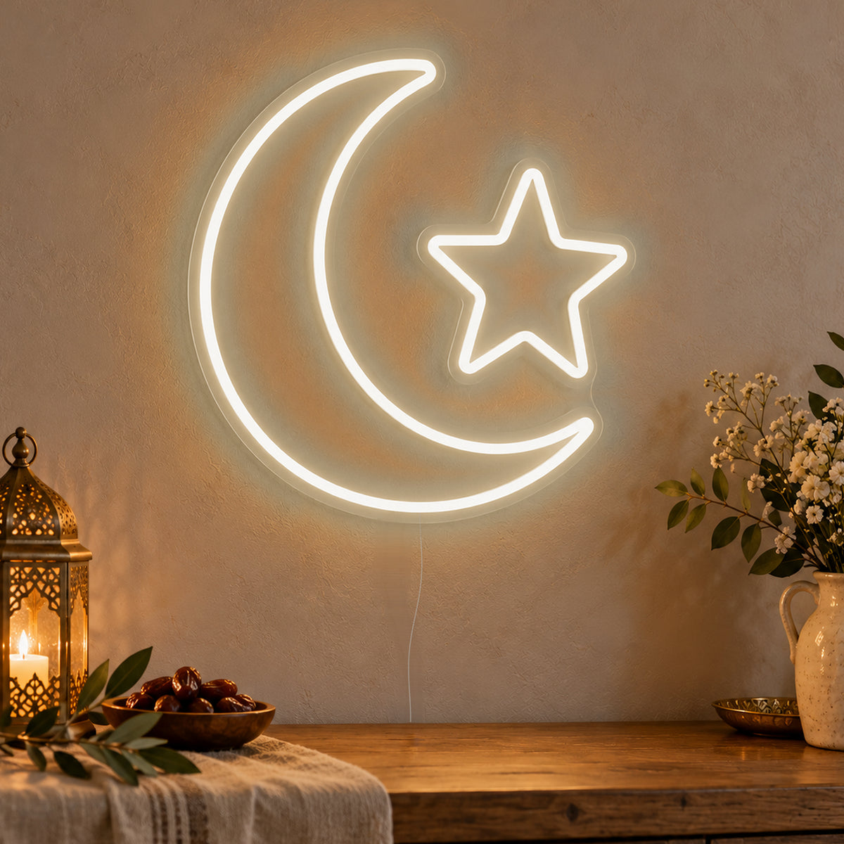 Crescent Star Neon Sign in warm white LED neon on clear acrylic, angled view