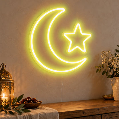 Crescent Star Neon Sign in yellow LED neon on clear acrylic, angled view