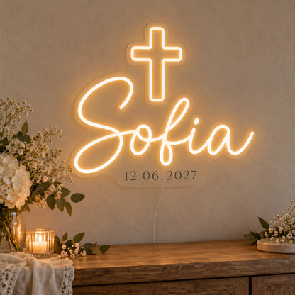 Personalised Cross Name Date Neon Sign on clear cut-to-shape acrylic in an illuminated wall display; example personalisation shown.