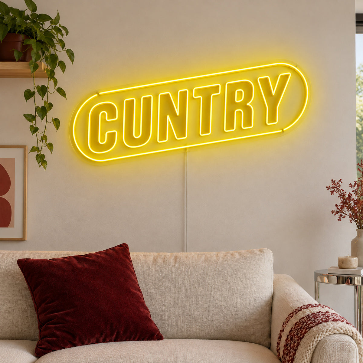 Cuntry Neon Sign with yellow lighting, displayed inside a rounded border above a cream sofa.