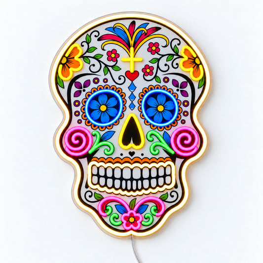 Day of the Dead - Cinco de Mayo blue floral skull LED neon sign, front view on a white surface