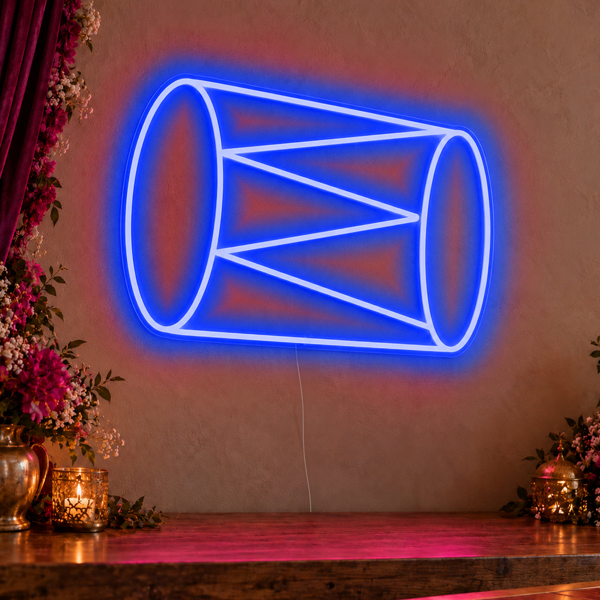 Dhol Drum Neon Sign in blue LED neon on clear acrylic, angled view