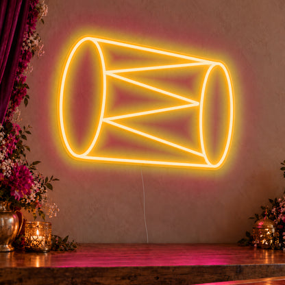 Dhol Drum Neon Sign in gold LED neon on clear acrylic, angled view