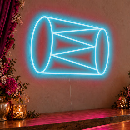 Dhol Drum Neon Sign in ice blue LED neon on clear acrylic, angled view
