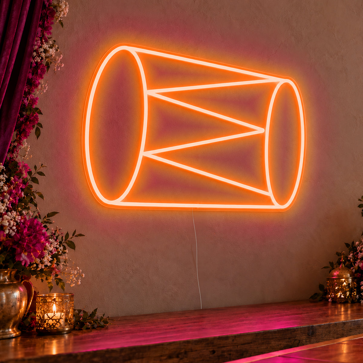 Dhol Drum Neon Sign in orange LED neon on clear acrylic, angled view