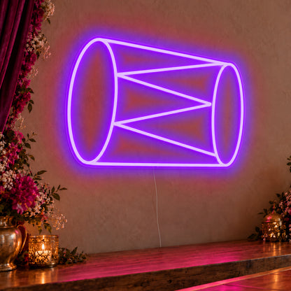 Dhol Drum Neon Sign in purple LED neon on clear acrylic, angled view