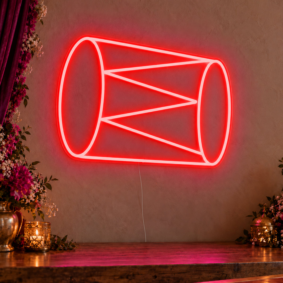 Dhol Drum Neon Sign in red LED neon on clear acrylic, angled view