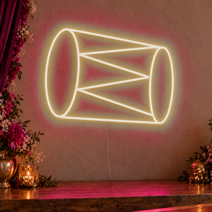 Dhol Drum Neon Sign in warm white LED neon on clear acrylic, angled view