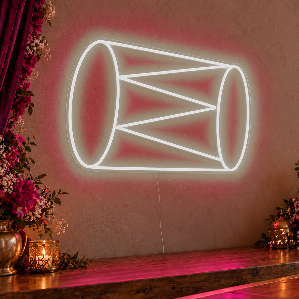 Dhol Drum Neon Sign in white LED neon on clear acrylic, angled view