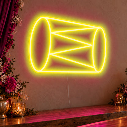 Dhol Drum Neon Sign in yellow LED neon on clear acrylic, angled view
