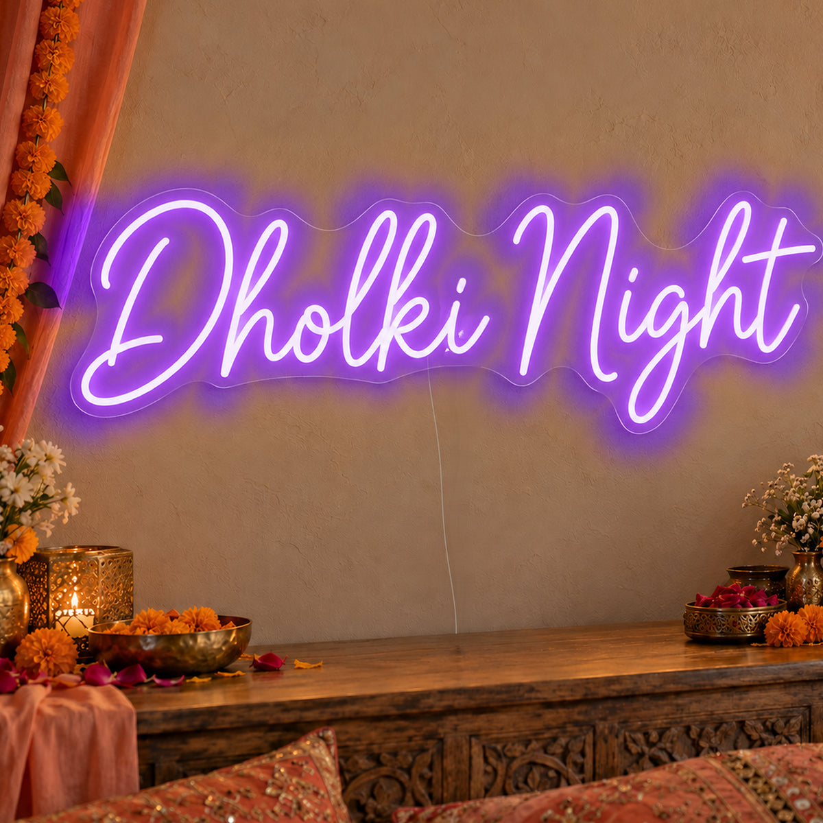 Dholki Night Neon Sign in purple LED neon on clear acrylic, angled view