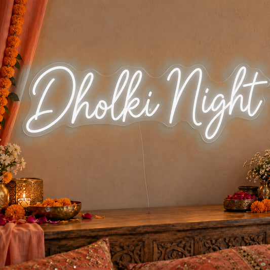 Dholki Night Neon Sign in white LED neon on clear acrylic, angled view