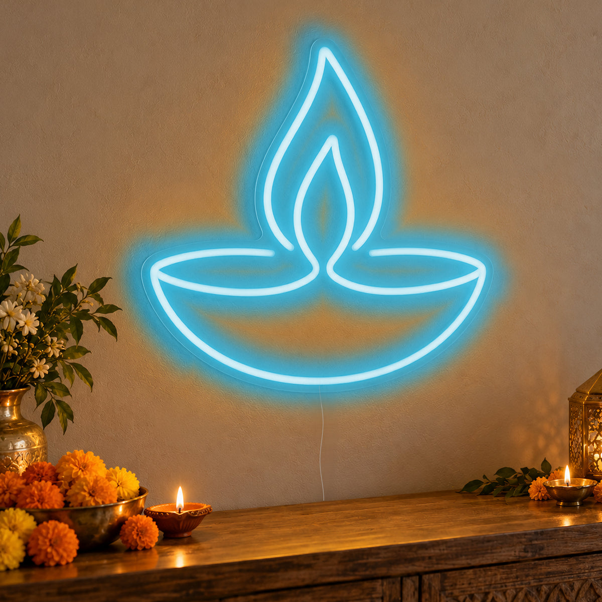 Diya Lamp Neon Sign in ice blue LED neon on clear acrylic, angled view