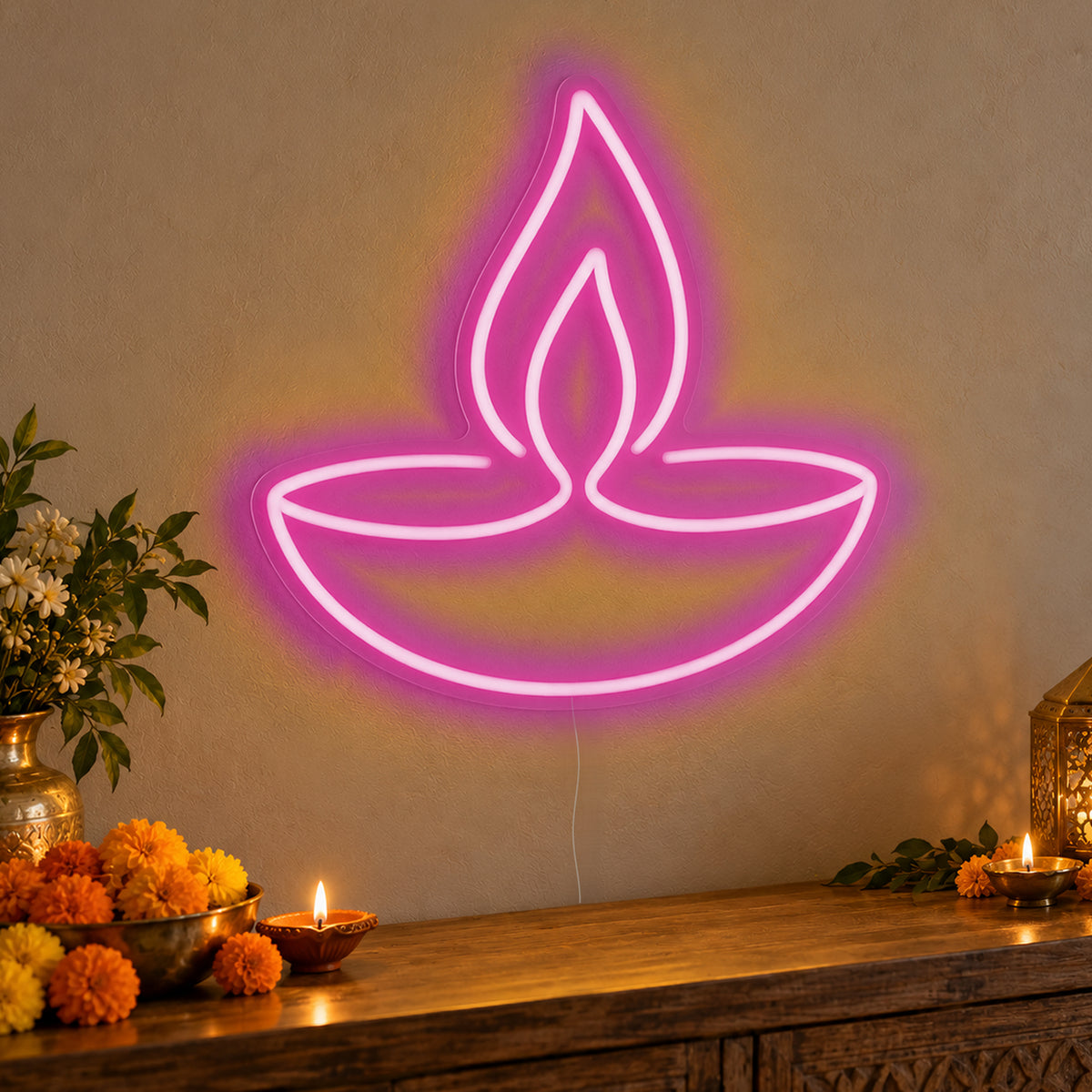 Diya Lamp Neon Sign in pink LED neon on clear acrylic, angled view