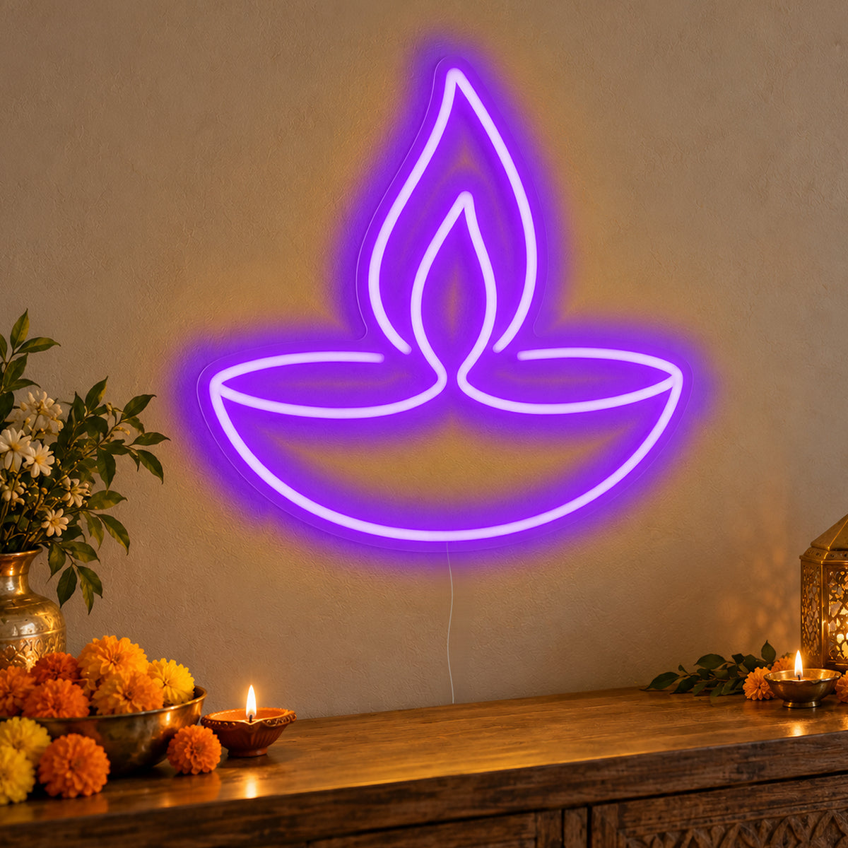 Diya Lamp Neon Sign in purple LED neon on clear acrylic, angled view