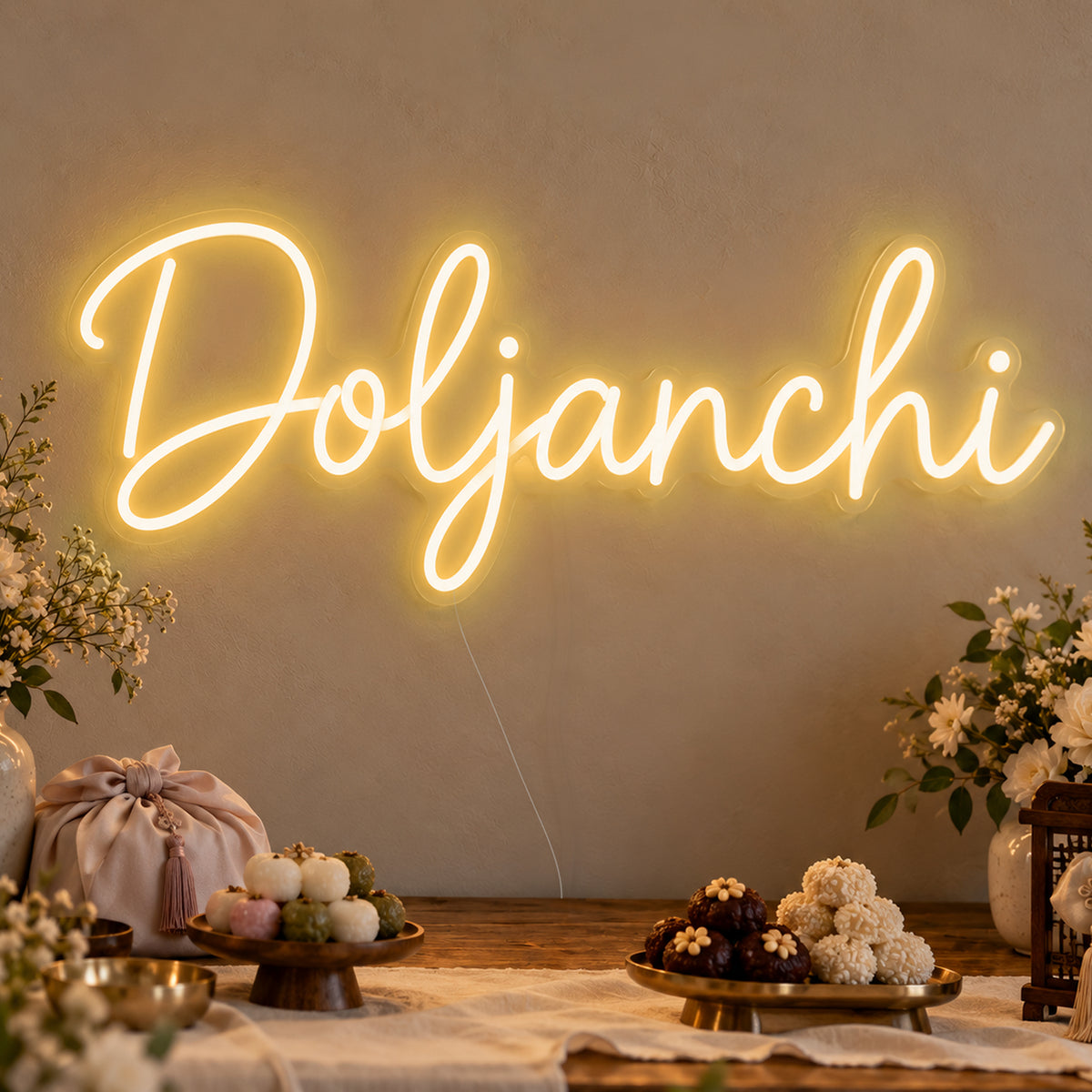 Doljanchi Neon Sign in gold LED neon on clear acrylic, angled view