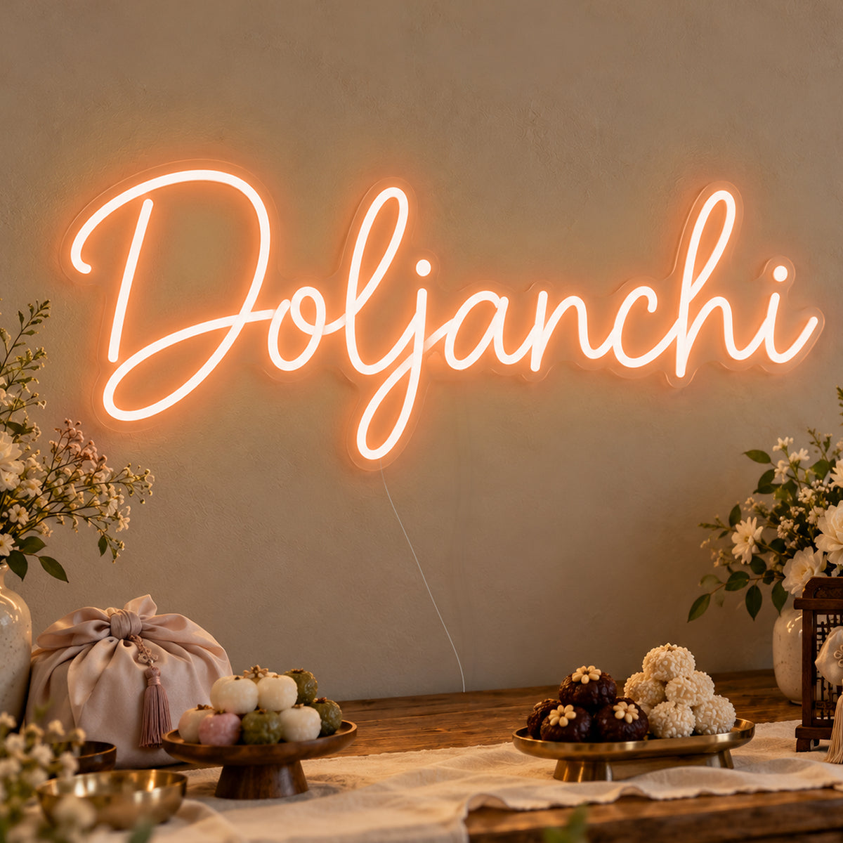 Doljanchi Neon Sign in orange LED neon on clear acrylic, angled view