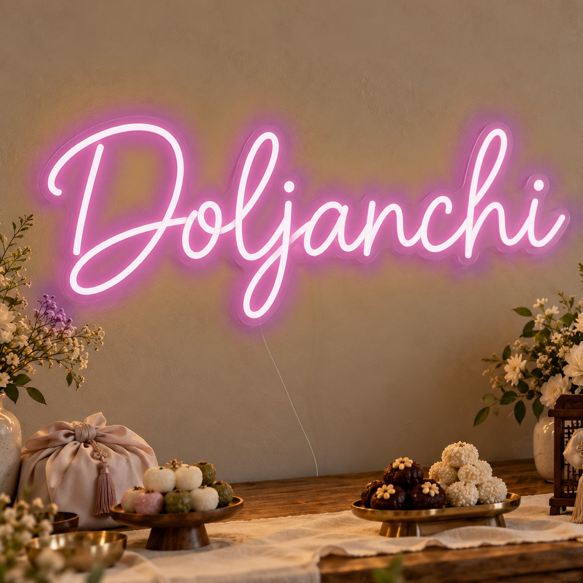 Doljanchi Neon Sign in pink LED neon on clear acrylic, angled view