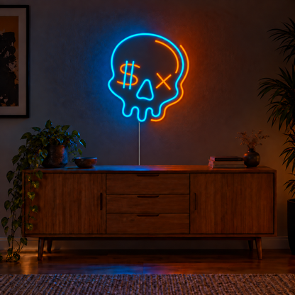 Dollar Sign Skull Neon Sign featuring a blue and orange skull with a dollar sign eye and an X shaped eye, displayed on a dark wall above a wooden sideboard.