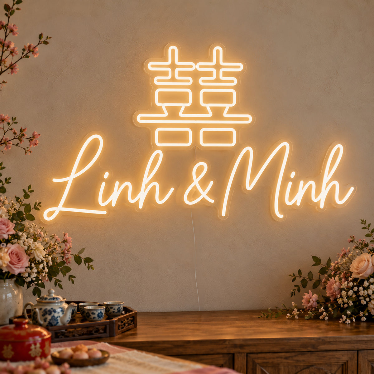 Personalised Double Happiness Vietnamese Names Neon Sign on clear cut-to-shape acrylic in an illuminated wall display; example personalisation shown.
