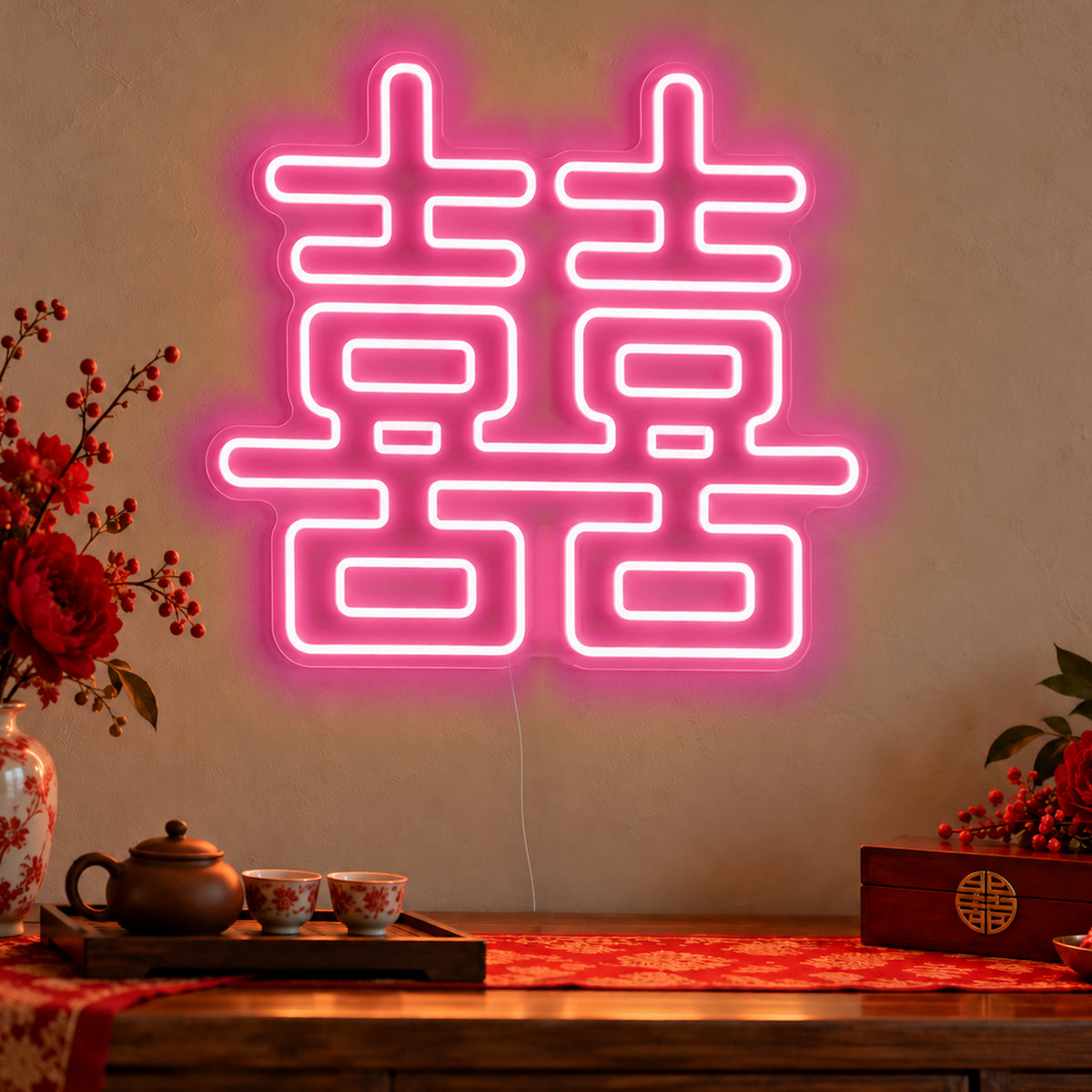 Double Happiness Warm White Neon Sign in rose red LED neon on clear acrylic, angled view