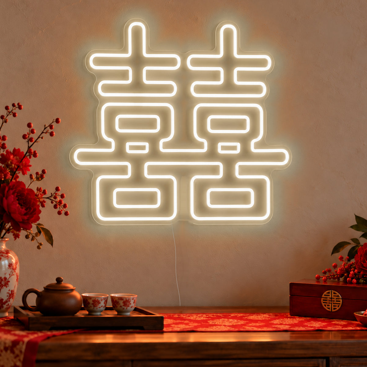 Double Happiness Warm White Neon Sign in warm white LED neon on clear acrylic, angled view