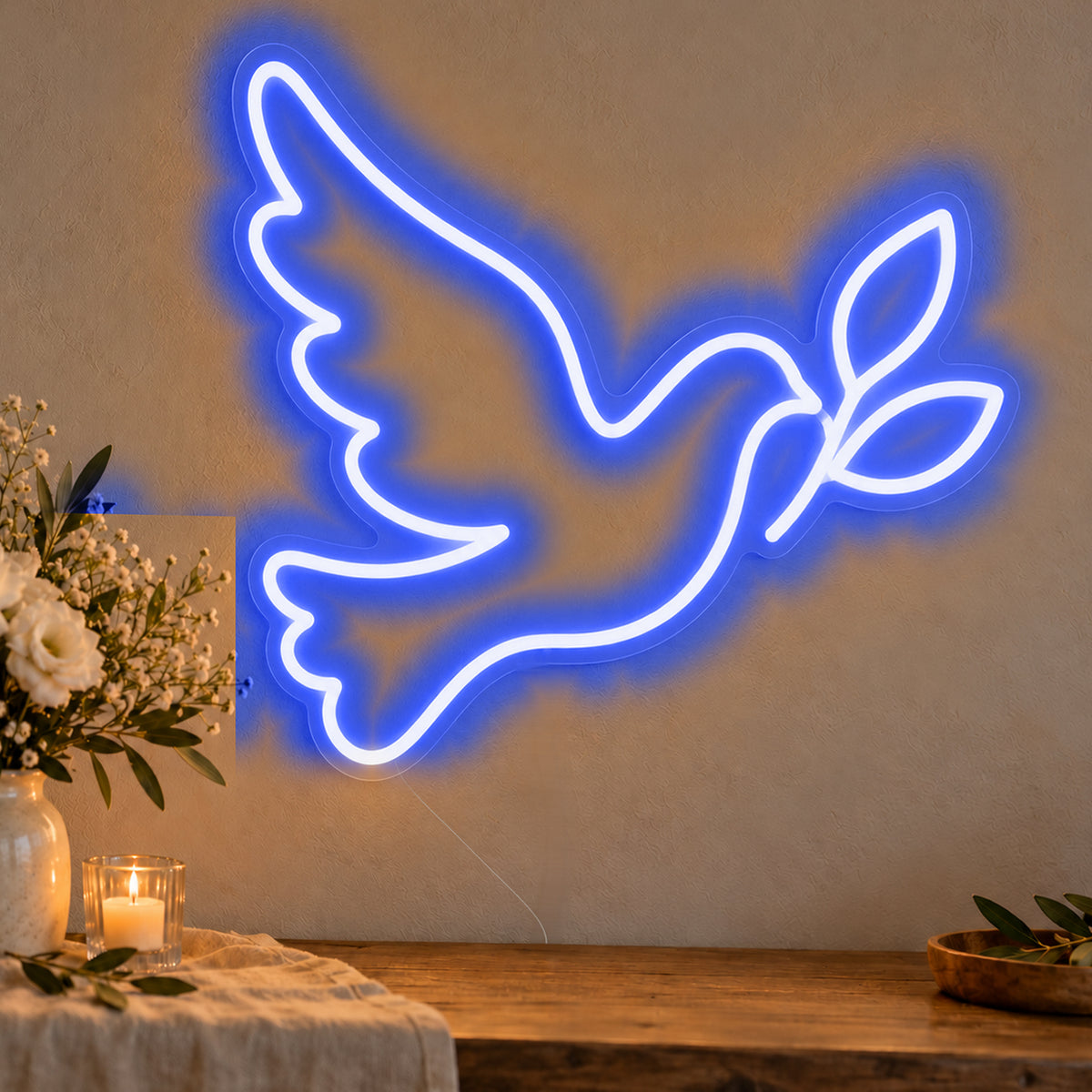 Dove Neon Sign in blue LED neon on clear acrylic, angled view