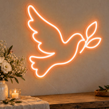 Dove Neon Sign in orange LED neon on clear acrylic, angled view