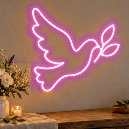 Dove Neon Sign in pink LED neon on clear acrylic, angled view