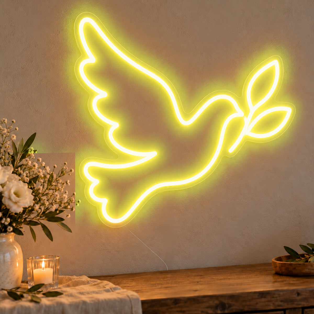 Dove Neon Sign in yellow LED neon on clear acrylic, angled view
