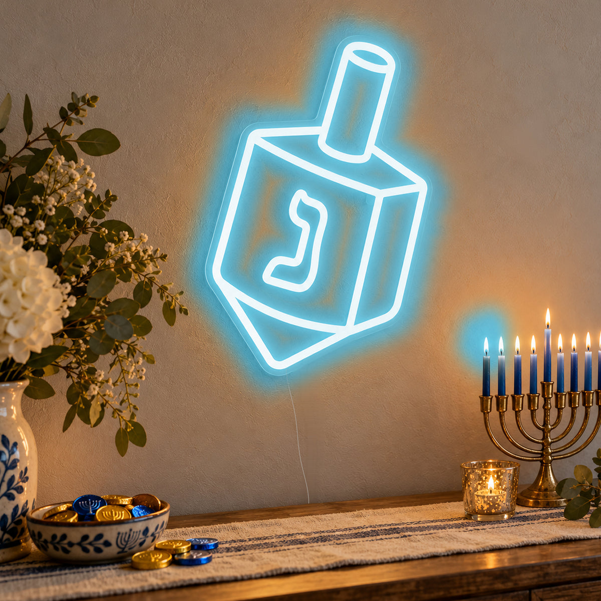 Dreidel Neon Sign in ice blue LED neon on clear acrylic, angled view